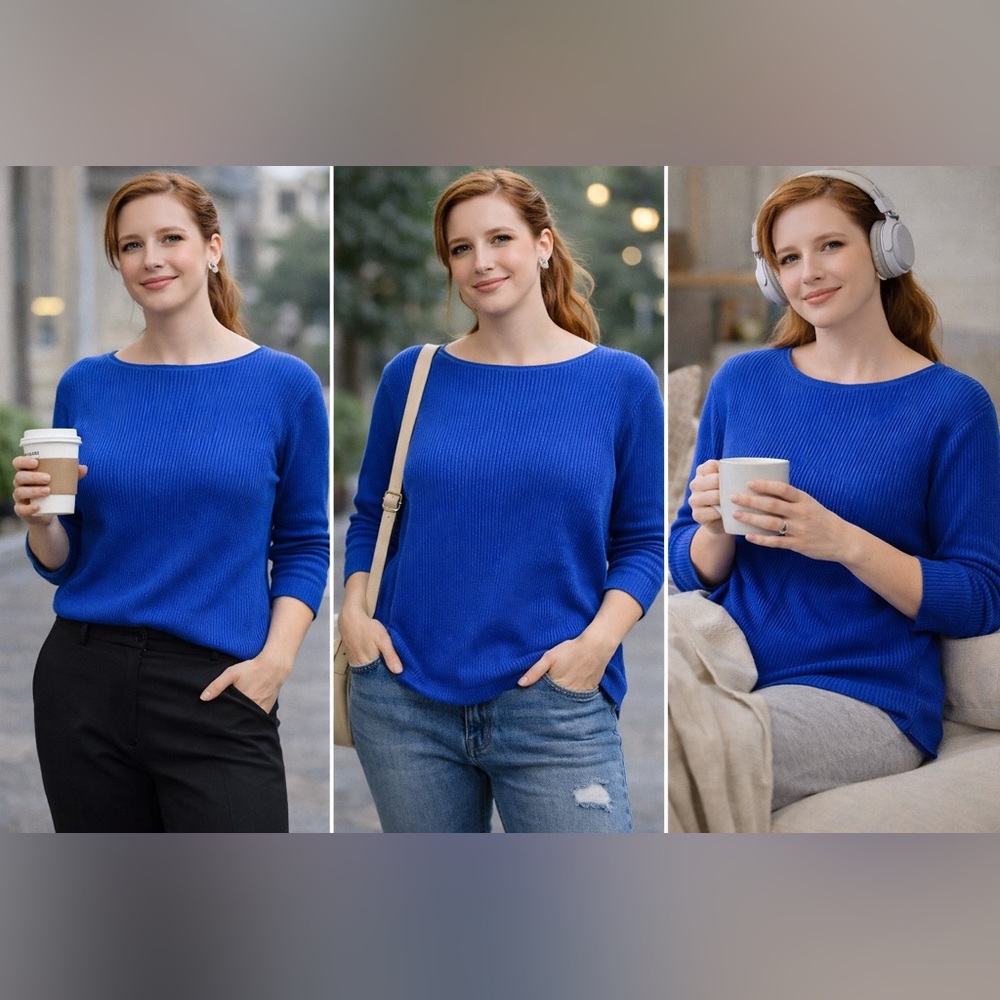 Lauren Ralph Lauren Blue Ribbed Knit Cotton Sweater Women’s Large Classic Top